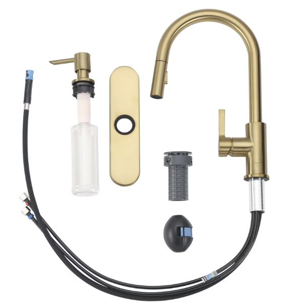 Better Homes and Gardens Brushed Brass Single Handle Pull Down Kitchen Faucet with Soap Dispenser