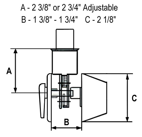 Diagram showing deadbolt dimensions A, B, and C with measurements for adjustable backset.