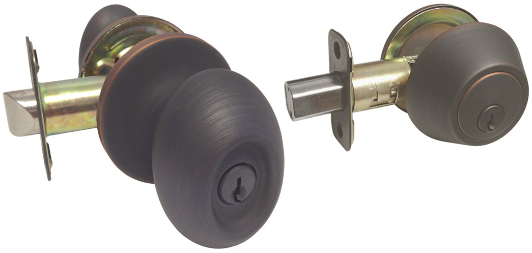 Closeout-Finish Defect Oil Rubbed Bronze Oval Knob Entrance with Single Deadbolt Set APARTMENT/GARAGE DOOR SET