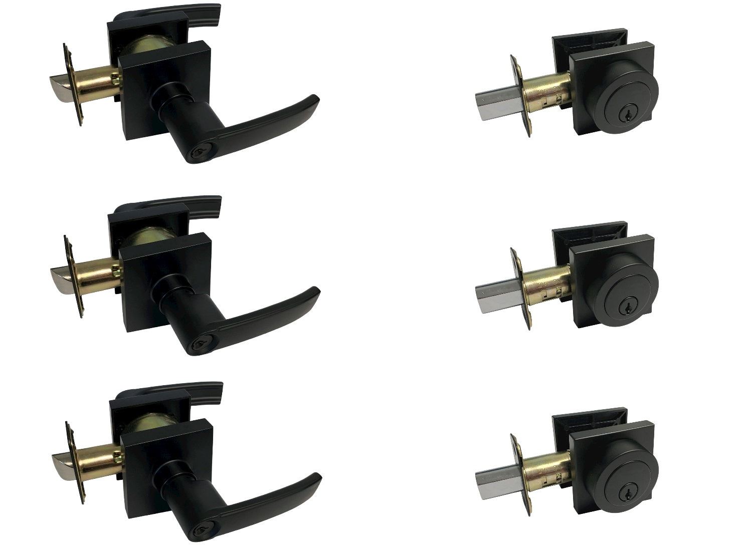 3 Pack-Contractor Pack 8048NBL Black Square Entry Lever/Deadbolt Combo Keyed Alike