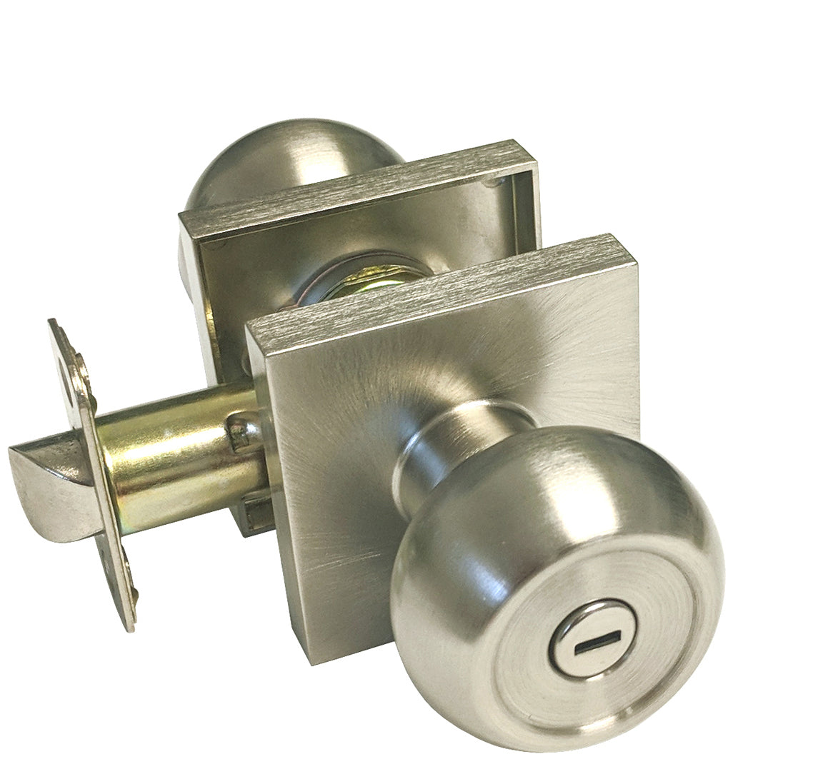 Satin Nickel Square Plate Privacy Round Knobs – Style: 5765-6085-DC