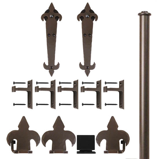 Quiet Glide Hammered Rolling Door Fleur-De-Lis Hardware Kit, Short Bracket, 8 Foot Rail, Bronze