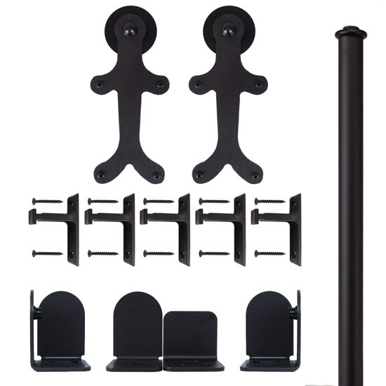 Quiet Glide Rolling Door Gingerbread Hardware Kit, Long Bracket, 6 Foot Rail, Black