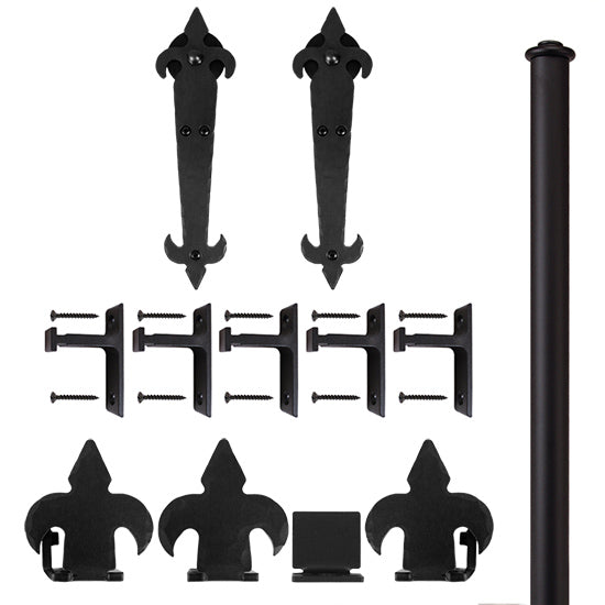 Quiet Glide Hammered Rolling Door Fleur-De-Lis Hardware Kit, Short Bracket, 8 Foot Rail, Black