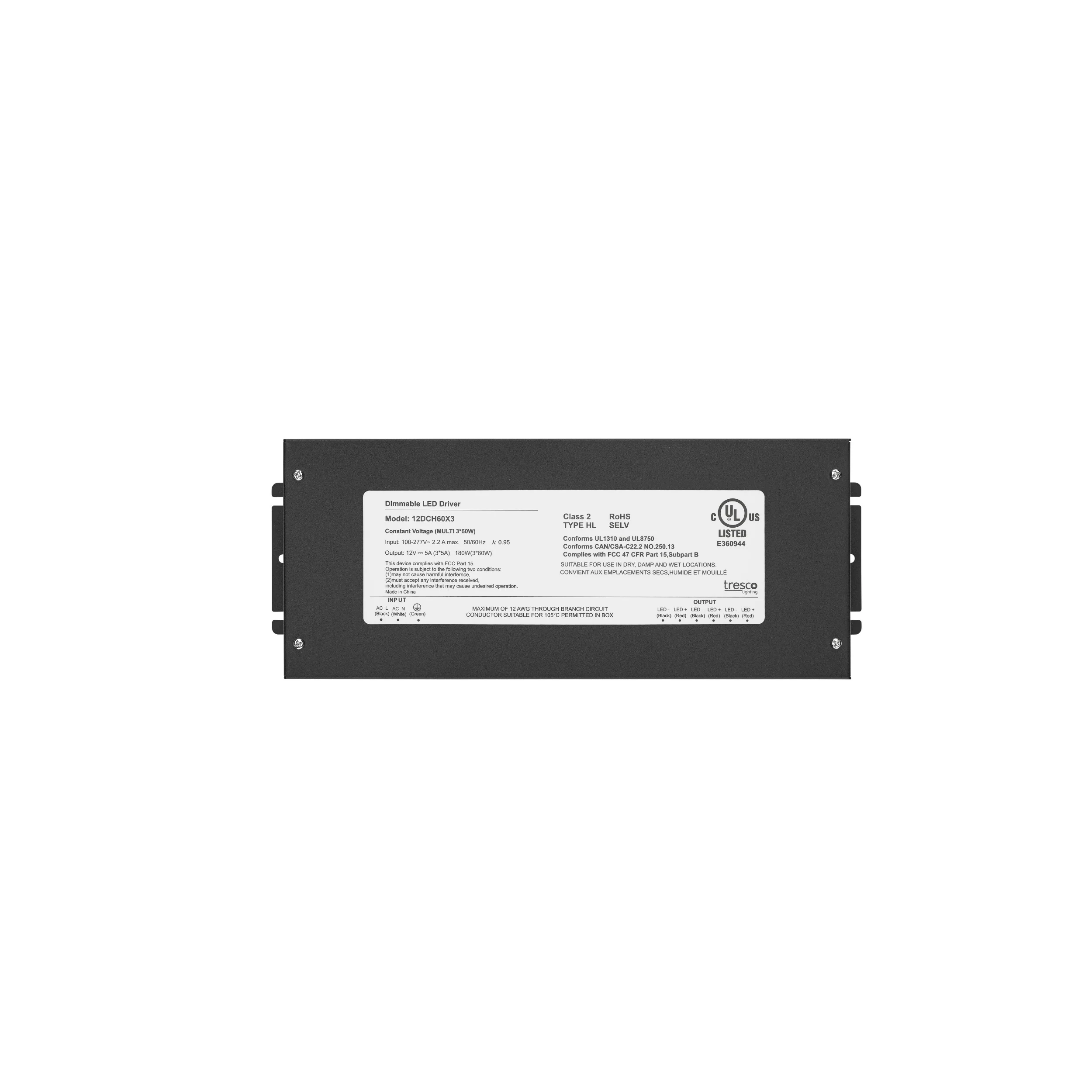 12VDC 180W Commercial/Industrial Metal Hardwire Dimmable Power Supply