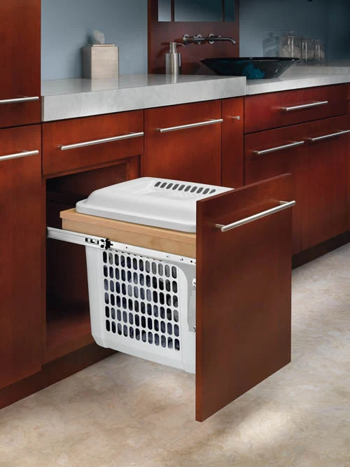 Natural Maple Top Mount Hamper Pullout W/ 1.5 Bu White Hamper For 18″ Vanity Base