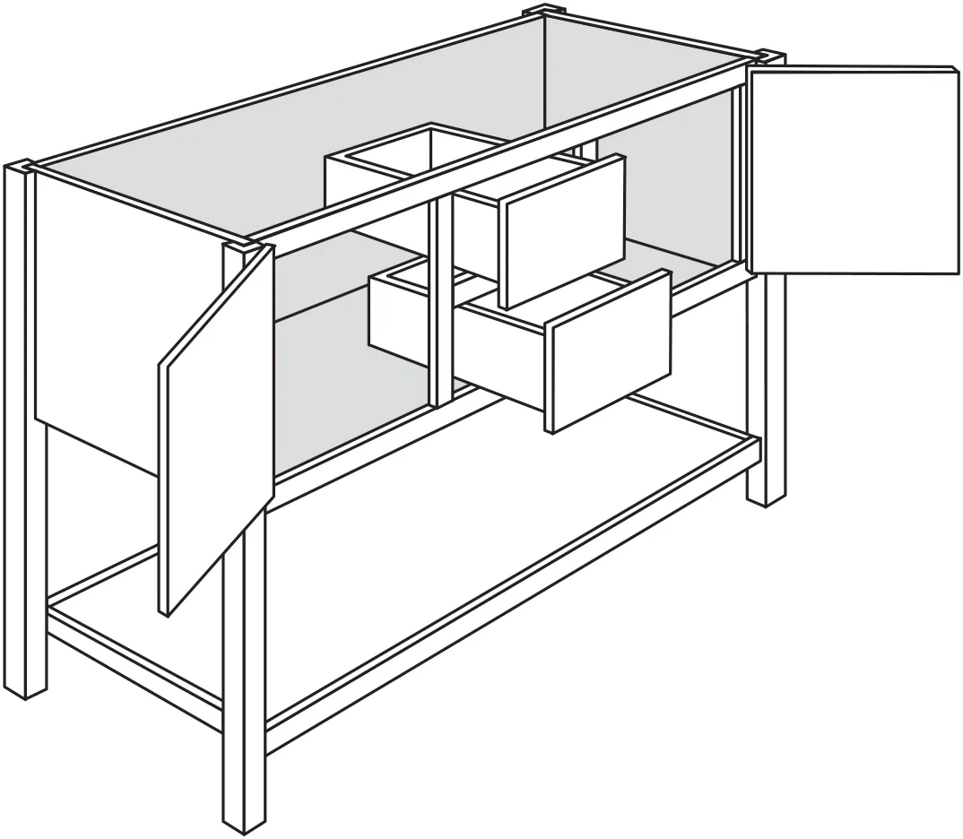 Open Shelve Vanity Sink Base Drawers Left & Right 60 W X 34-1/2 H X 21 D – Trenton Recessed by JSI
