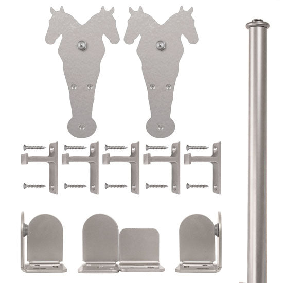 Quiet Glide Rolling Door Double Horse Hardware Kit, Short Bracket, 6 Foot Rail, Satin Nickel