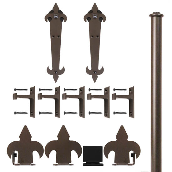 Quiet Glide Non-Hammered Rolling Door Fleur-De-Lis Hardware Kit, Short Bracket, 6 Foot Rail, Bronze