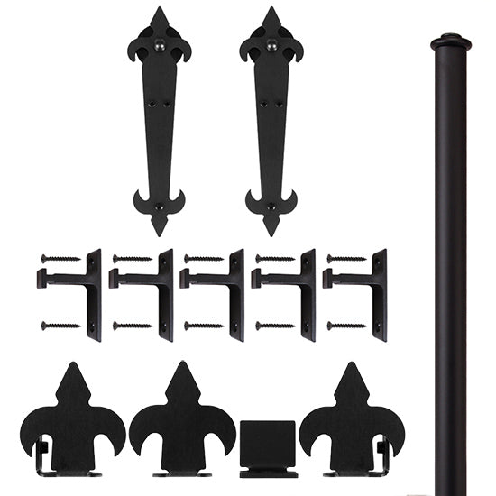 Quiet Glide Non-Hammered Rolling Door Fleur-De-Lis Hardware Kit, Long Bracket, 8 Foot Rail, Black