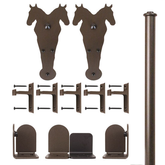 Quiet Glide Rolling Door Double Horse Hardware Kit, Long Bracket, 8 Foot Rail, Bronze