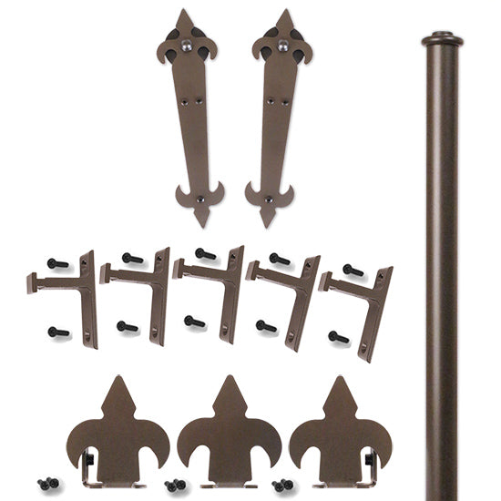 Quiet Glide Non-Hammered Rolling Door Fleur-De-Lis Hardware Kit, Long Bracket, 8 Foot Rail, Bronze