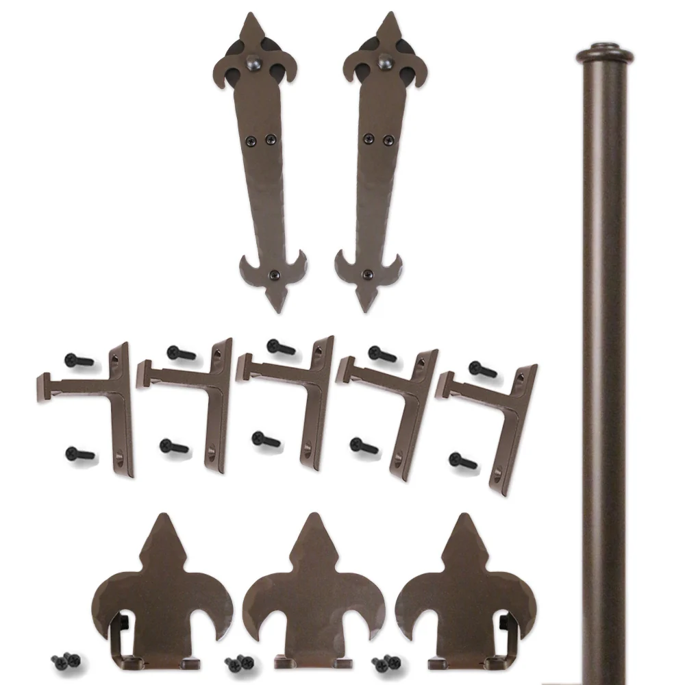 Quiet Glide Hammered Rolling Door Fleur-De-Lis Hardware Kit, Long Bracket, 8 Foot Rail, Bronze