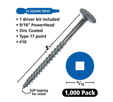 #10 Power Head Screws Square Drive With Nibs Zinc Finish 17 Type 5″ Length