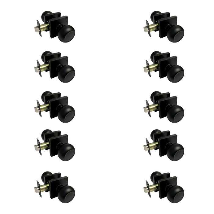 10 black door knobs on a white background