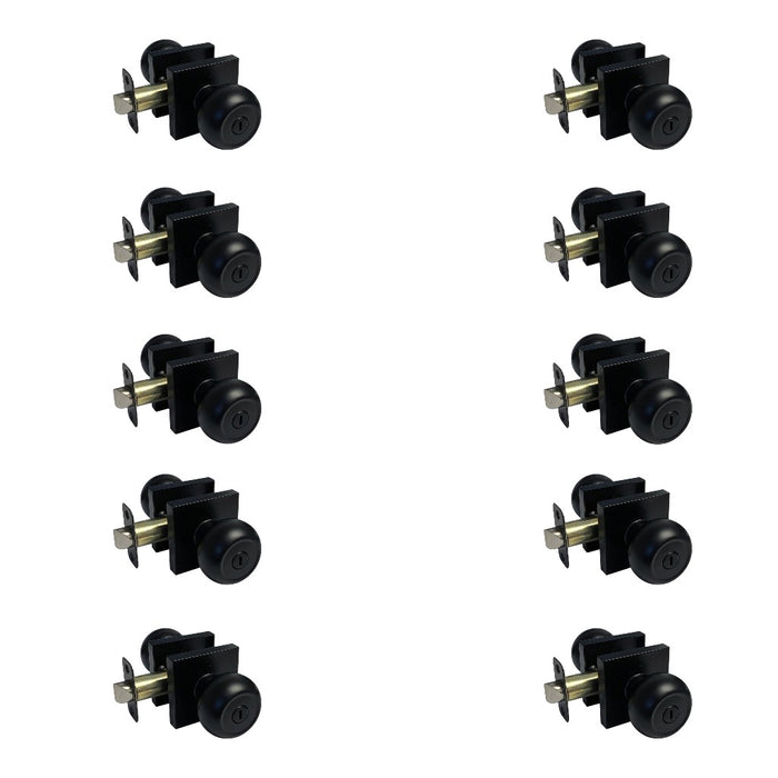 Set of 10 black privacy door knobs on a white background
