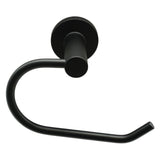 Matte black wall-mounted toilet paper hook with a circular backplate and curved hanging arm, shown on a plain white background.