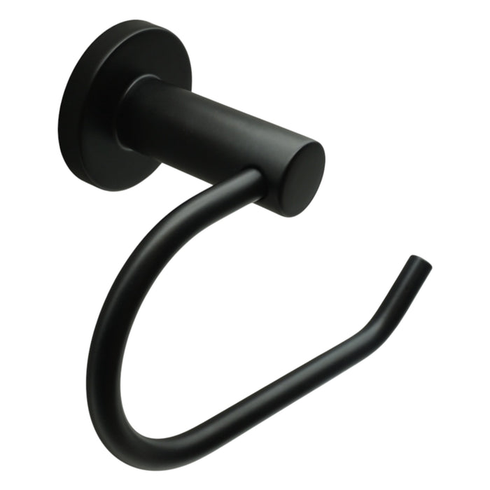 Matte black wall-mounted toilet paper hook with a circular backplate and curved hanging arm, shown on a plain white background.