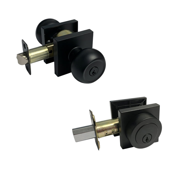 Black square knob with matching deadbolt
