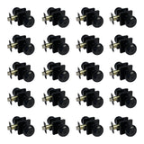 Multiple black door knobs arranged in a grid on a white background