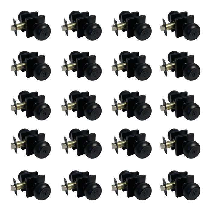 Multiple black door knobs arranged in a grid on a white background