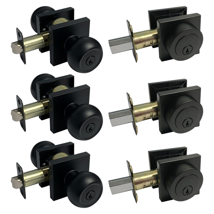 3 black entry knobs and deadbolts on a white background