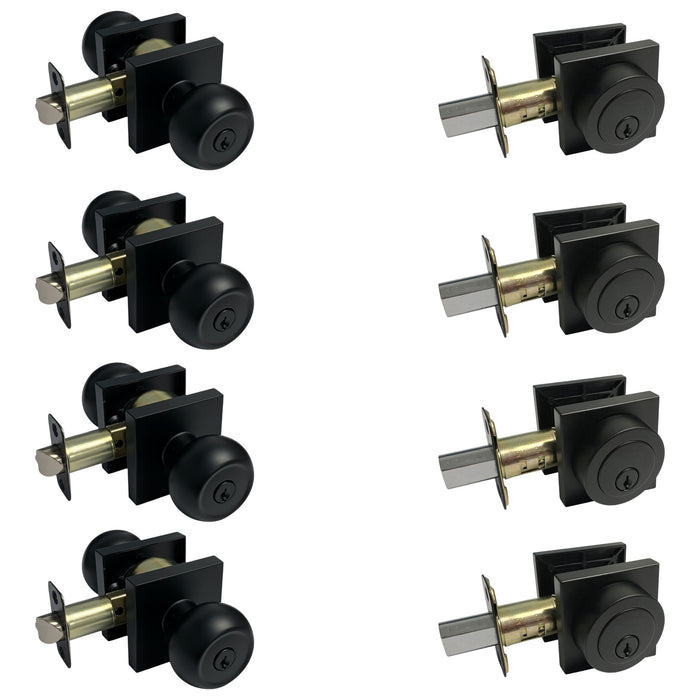 4 keyed entry knobs and deadbolts on a white background