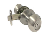 A satin nickel privacy oval knob door handle set on a silver metal surface with a keyhole visible on the knob.