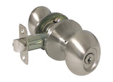 Satin nickel finish door knob with a keyhole, shown from an angle and a separate inside view of the knob.