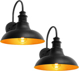 Two black wall-mounted lights with orange interior on a white background