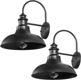 Two black wall-mounted barn-style lights on a white background