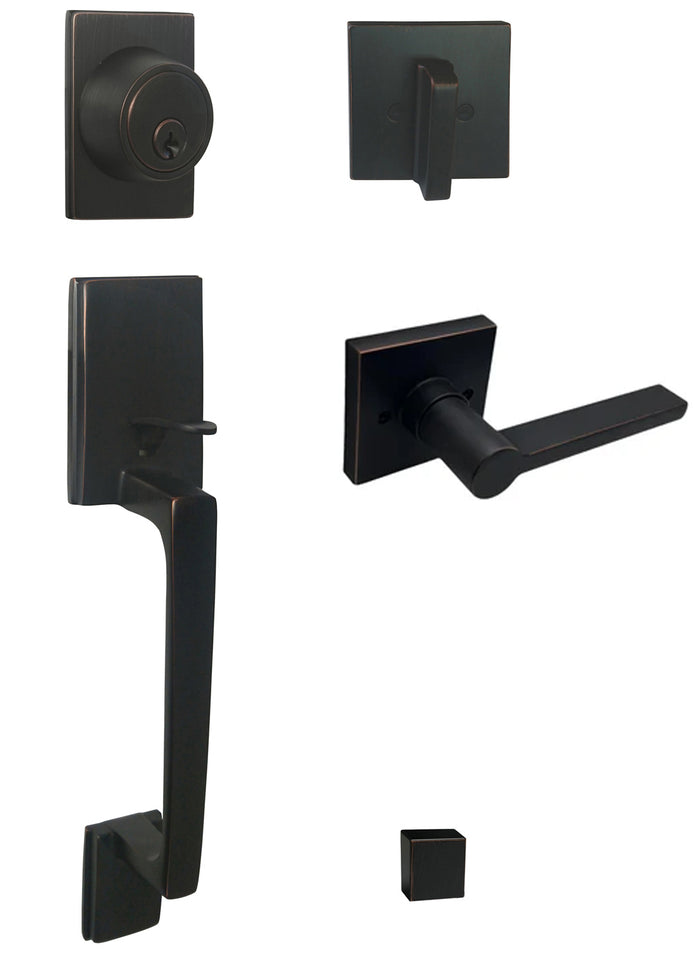 Modern Square Oil Rubbed Bronze Front door Handleset with single deadbolt and 80881 style Lever