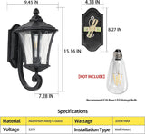 Outdoor wall light fixture with dimensions and bulb recommendation on a white background