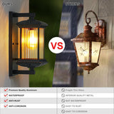 Comparison of outdoor wall lights with text highlighting features and differences.