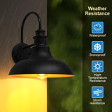 Black outdoor wall light with weather resistance features on a dark background
