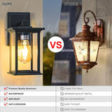 Comparison of outdoor wall lights labeled 'Ours' and 'Others' with features listed below.