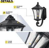 Black outdoor wall light fixture with labeled features on a white background