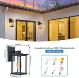 Outdoor wall lights on a house exterior with bulb compatibility information.