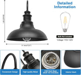 Black pendant light with dimensions, bulb information, and features on a white background