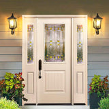 Beige front door with stained glass panels flanked by two outdoor lights on a wooden wall.
