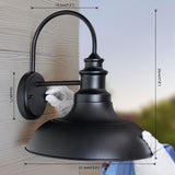 Black wall-mounted light fixture with dimensions indicated on a wooden panel background
