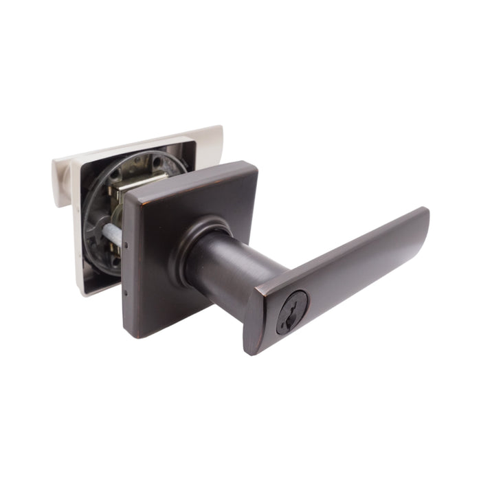 Kwikset vedani seried entry lever with satin nickel interior and venetian bronze exterior