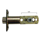 Metal door lock mechanism on a white background with measurement label.