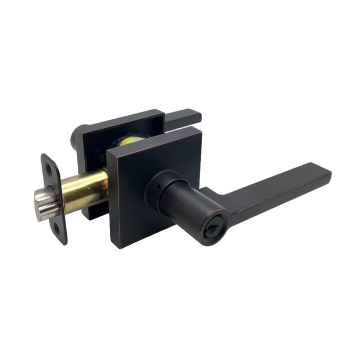 Dark Oil Rubbed Bronze Keyed Entry Door lever with modern design for exterior locking doors