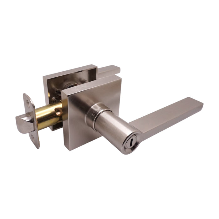 Exterior view of Satin nickel Modern door lever style 80881DC-BK with latch and front unlocking slot