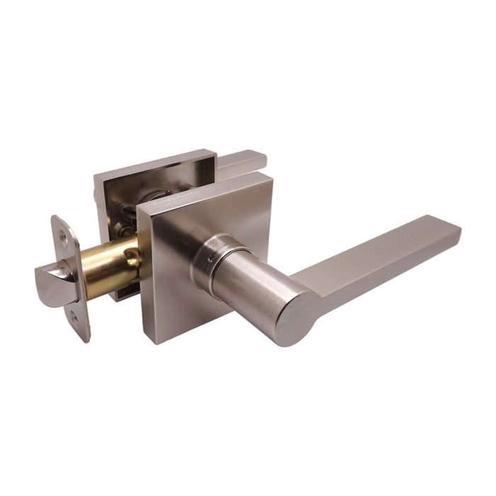 Exterior view of Satin Nickel Passage Door Handle Style 80881DC-PS Modern Square Door Lever with latch