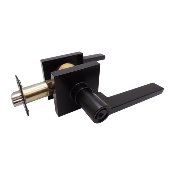 Keyed entry door lever in matte black style 80881nbl-et modern square handle