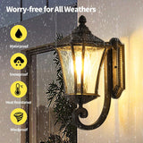 Outdoor wall light fixture with waterproof, snowproof, heat resistance, and windproof features highlighted.
