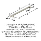 Technical drawing of a metal cabinet pull with labeled dimensions 