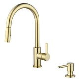 Gold kitchen faucet with soap dispenser on a white background